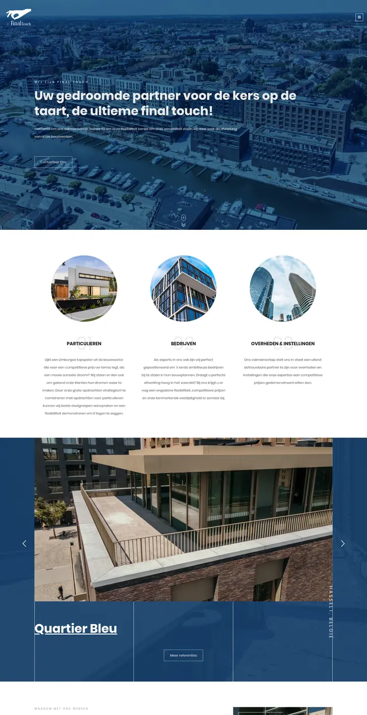Website van Final Touch, afwerking en tegelwerken in de bouw, Hasselt, gemaakt door Triggerz