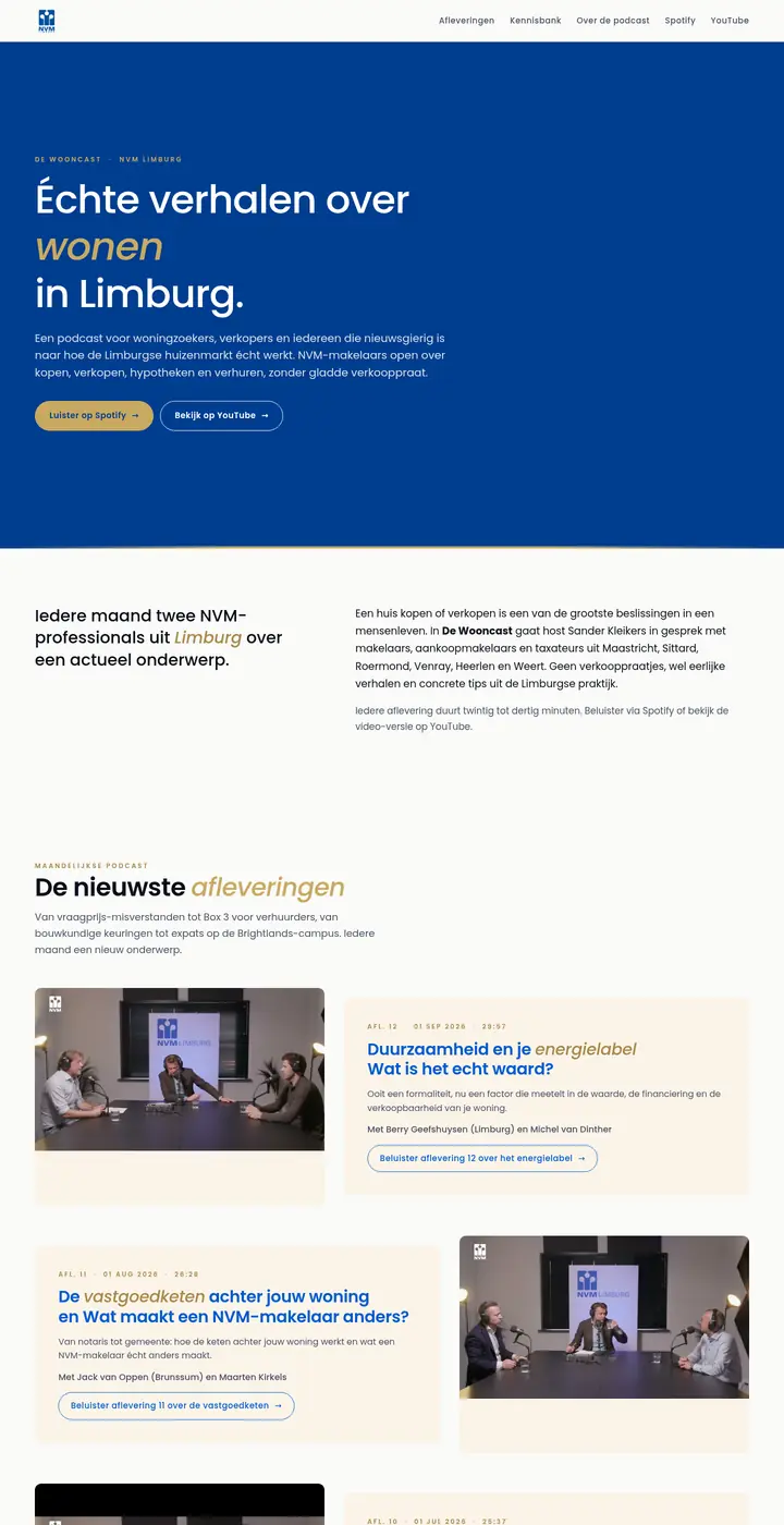 Website van De Wooncast van NVM Limburg, podcast van nvm limburg, gemaakt door Triggerz
